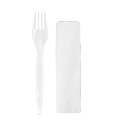 Zestaw sztućców bezbarwnych PS widelec, serwetka a'350