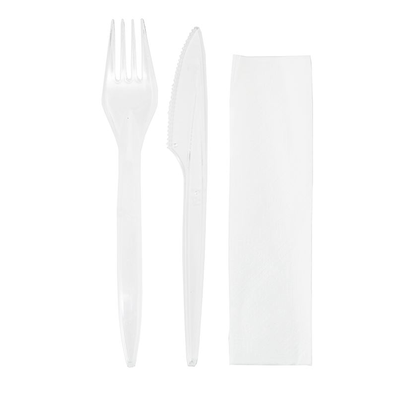 Zestaw sztućców bezbarwnych PS widelec, nóż, serwetka 250szt