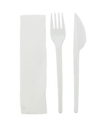 Zestaw sztućców białych PS widelec, nóż, serwetka 1000szt