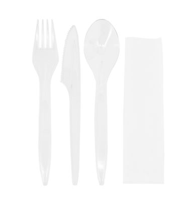 Zestaw sztućców bezbarwnych PS łyżka, widelec, nóż, serwetka 250szt