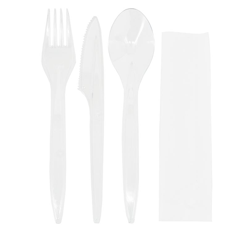 Zestaw sztućców bezbarwnych PS łyżka, widelec, nóż, serwetka 250szt