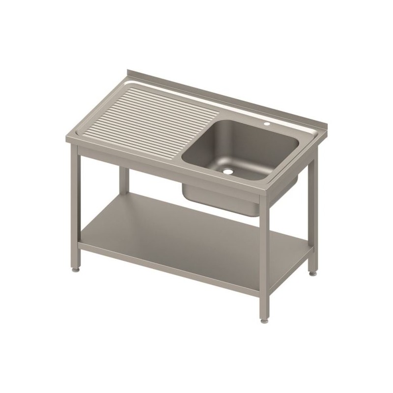 Stół stalowy z półką i zlewem 1-komorowy prawy, skręcany, blat tłoczony 1000x600x850 mm