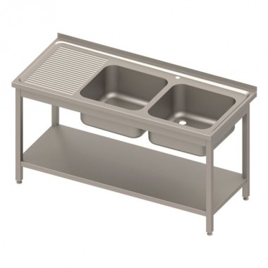 Stół stalowy z półką i zlewem 2-komorowy prawy, skręcany, blat tłoczony 1400x600x850 mm