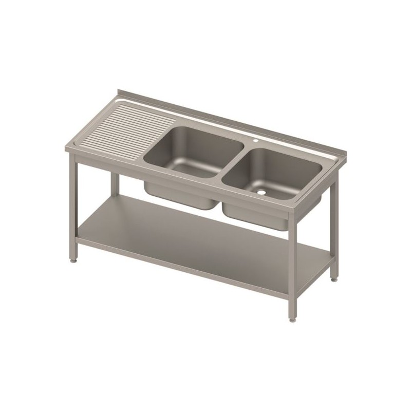 Stół stalowy z półką i zlewem 2-komorowy prawy, skręcany, blat tłoczony 1400x600x850 mm