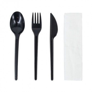 Zestaw sztućców czarnych PS łyżka, widelec, nóż, serwetka a'350